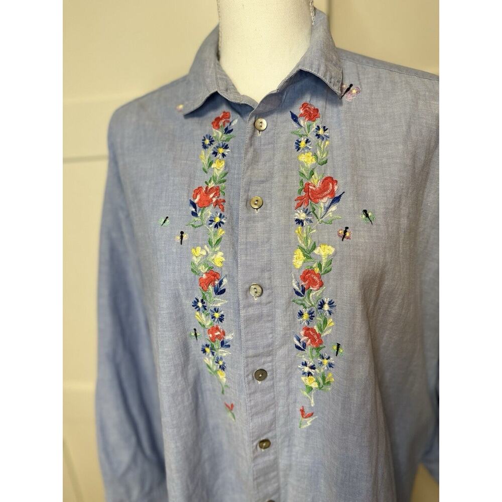 Jackpot Denim Button Down Shirt Women’s‎ Sz XL Long Sleeve Chambray Embroidered - Picture 3 of 10